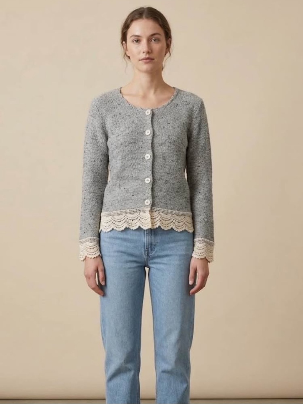 Classic Gray Knit Cardigan with Lace Trim